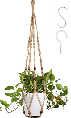 FonVan Macramé Pot Suspendu, Macramé Plante Suspension, Macramé Support Pots pour Fleur, Coton Suspension Plantes pour Décoration Jardin Intérieur, ave 1 x S Crochets et Crochets à vis, 89cm (Marron)