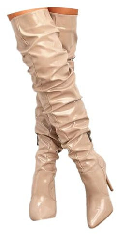 ticticlily Chaussures Botte Genou Femme Boots Longue Talon Haut Aiguille Bout Pointu Vernis Zip Chaud Winter Bootie Stiletto Sexy Bottes Cuissardes Femme Bottines D Abricot 39 EU