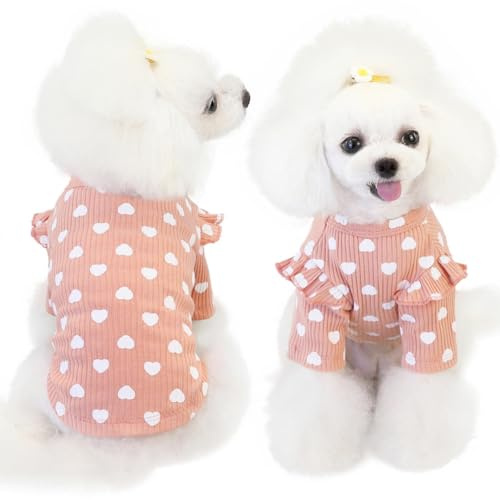 Yaopelky Abbigliamento per cani di piccola taglia con stampa a cuore, maglietta primaverile estiva per chihuahua, abbigliamento per cuccioli con volant a maniche lunghe, abbigliamento per San