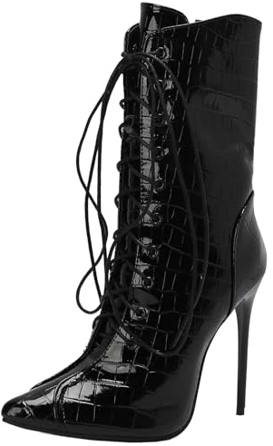 SJJH Bottines élégantes à lacets pour femme - Talon pointu - Bout pointu - Bottes mi-hautes flatteuses, Noir , 45 EU