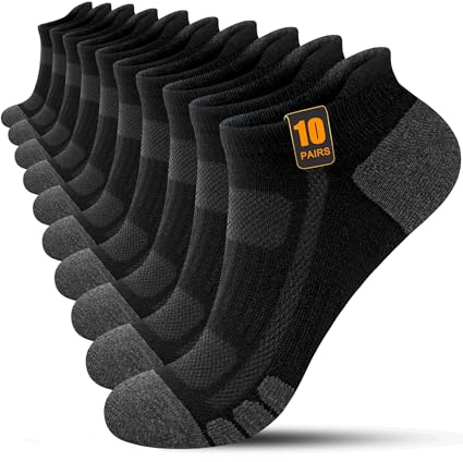 FORVEVO Trainer Socks for Men 9-12, Breathable Cotton Ankle Socks, Anti-Blister Thick Cushioned Running Sock, Short Athletic Sports Sock for Men Women 10 Pairs (Black, L)