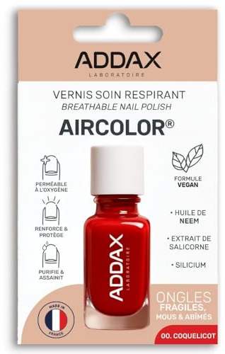 ADDAX AIRCOLOR® Vernis Soin Respirant Ongles Fragilisés, Abîmés et Mous – Renforce, Purifie, Laisse Respirer – Silicium & Huile de Neem – Rouge Coquelicot – Formule Vegan – Made in France