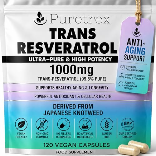 Puretrex Trans Resveratrol 1000mg, 120 Vegan Capsules, Pure Japanese Knotweed Extract, High Potency Antioxidant Supplement, Healthy Aging, Longevity & Cellular Support, Made in UK, GMP Certified