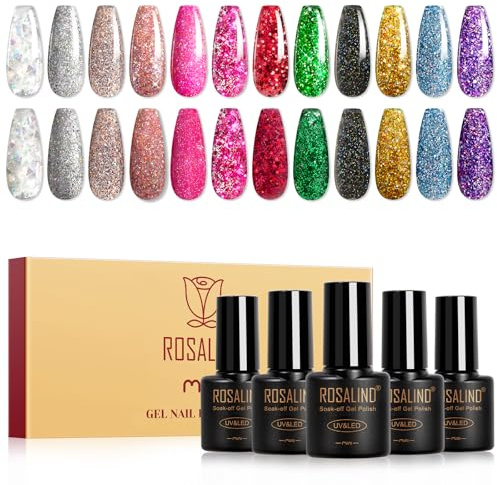 ROSALIND UV Nagellack,12 Farben Glitzer Silber Rosa Rot Schwarz Lila Gel Nagellack Set, Soak-Off Mini UV Farbgel Gelnägel für Nagel Design Gel Nail Polish Maniküre Geschenk