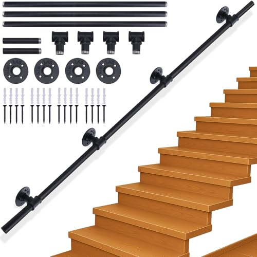Xyxu Handrails for Stairs, 3M Black Banister Handrail Indoor Outdoor Hand Rails for Stairs, Non-Slip Industrial Style Grab Stair Hand Rails for Elderly with Wall Mounted Fittings – Smooth Welded Ends