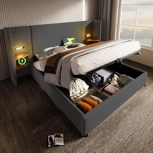 DUlVBPE Sängklädsel, dubbelsäng, 180 × 200 med nattduksbord, lä och USB Type-C-laddningsfunktion, sängsystem, förvaringssäng, sängram med ribbotten av massivt trä och metall, grå, linne (utan