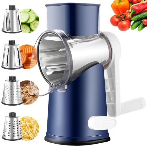 Weltonhm Rotary Cheese Grater with 4 Blades, Large Hand Crank Cheese Grater with Waffle Slicer, Blue Cheese Shredder with Suction Base, Easier for Shredding& Grating (Blue, 4 Graters)