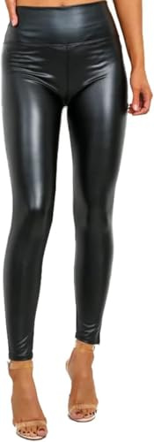 Crazy Fashion Womens High Waisted Leggings Soft PU Fleece Tights Stretchy Faux Leather Wet Look Pants for Ladies (Black, L/XL (UK 12-14)