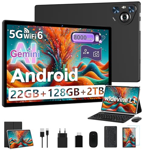 Dghrti Tablet 10 Pulgadas Android, 22GB RAM+128GB ROM (1TB TF), CPU 8-Core, 8000mAh, Widevine L1, Dual WiFi, BT 5.0, Face ID, 5MP+8MP, con Carcasa MetÃlica, Teclado y Ratón (Negro)