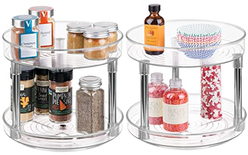 mDesign 2-Tier Lazy Susan Turntable for Kitchen Cabinets, Shelf, Table, Countertop, 9 Multi Level Rotating Organizer Carousel, Storage Turntable Organizer, Ligne Collection, 2 Pack, Clear/Chrome