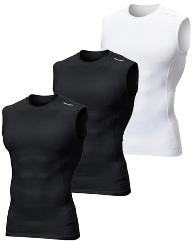DEVOPS 3 Pack Men's Athletic Compression Shirts Sleeveless (X-Large, Black/Black/White)
