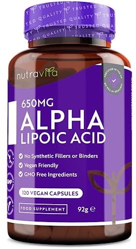 Ácido alfa lipoico 650 mg – 120 cápsulas de alta potencia para veganos – 100% naturales, sin agentes aglutinantes ni rellenos sintéticos – Suministro para 4 meses – Elaborado por Nutravita
