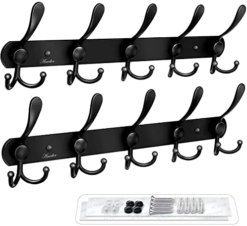 ANEDER Coat Rack Wall Hooks Hanger, Wall Rack with 5 Tri Hooks,Wall Mounted Hooks for Coat Hat Towel Purse Robes Mudroom Bathroom Entryway (Black, 2 Packs)