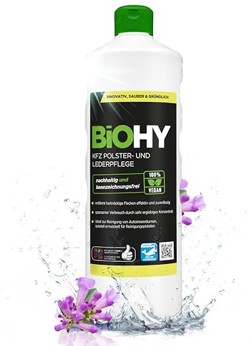 BIOHY Nettoyant Cuir et habitacle de la Voiture (Bouteille de 1l) | Entretien de l'intérieur de la Voiture | shampoing nettoyant | Odeur agréable | Détachant pour sièges d'auto (KFZ Polster)