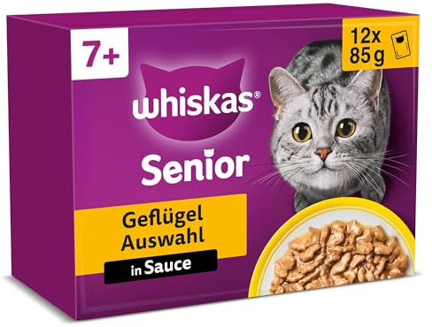 WHISKAS Senior 7+ Nassfutter in Sauce 12 x 85g Geflügel Auswahl (4 Packungen) 48 Portionsbeutel