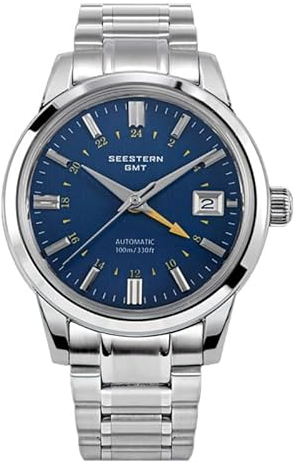 Seestern S446 GMT Automatik Stahl Blau Datumsanzeige Saphir Herrenuhr, Armband