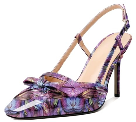 Elashe Femmes Escarpins Bout Bloc Fermé Escarpins Bride Arrière Talon Haut Chaussures Femme Eté Talon Sexy Mariage Soirée Robe Pumps Floral Purple EU35