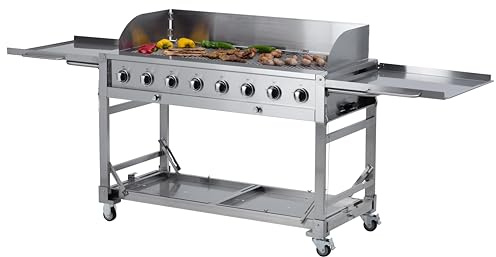 METRO Professional Barbecue à Gaz, Acier Inoxydable, 8 Brûleurs, 32 kW, Puissance 116 000 BTU, 4 Grilles de Cuisson, Roulant, Tables Pliables, Argent