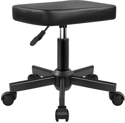 Tabouret roulant pivotant à 360° réglable en hauteur avec roulettes et siège carré en cuir synthétique pour chambre à coucher, comptoir, magasin, salon de massage, bureau à domicile (noir)