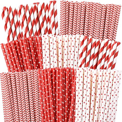 500 Pieces Valentine's Day Paper Straws 4 Styles Disposable Red and White Paper Drinking Straws Stripe Chevron Bicolor Stripe Dot Chevron Mix for Wedding Valentines Supplies and Party Favors