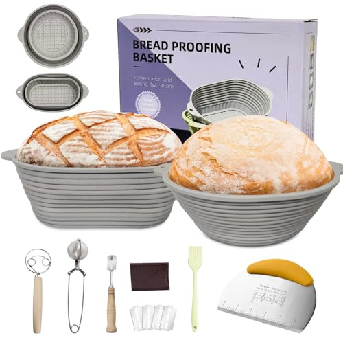 Upgraded 2Pcs Bread Proofing Basket Sourdough Proving Basket Starter Kit 9 Round & 10 Oval Silicone Foldable Bread Basket Bread Making Tools with Dough Whisk/Scraper/Flour sifter/Basting Brush,Grey