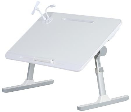 joukares Sängbricka för bärbar dator, höjdvinkel, justerbart sängbord för bärbar dator med vikbara ben, fläkt, USB-ljus, sängbricka för soffa, säng, terrass vitt
