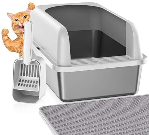 Stainless Steel Litter Box with Lid, Metal Litter Box with Cat Litter Mat,Extra Large Enclosed Cat Litter Boxes for Multiple Cats, Anti-Leakage,Non-Stick, Easy to Clean, Included Mat, Scoop