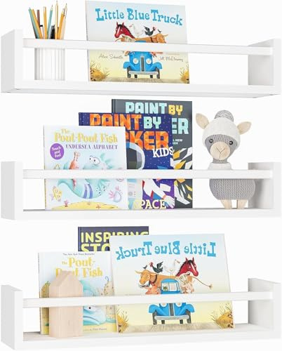 Nursery Book Shelves, 16.5 Inch Floating Book Shelves for Wall Set of 3, Baby Nursery Decor, Solid Wood Wall Mounted Shelves for Children's Room, Bedroom,Bathroom,Kitchen,and More (Natural White)