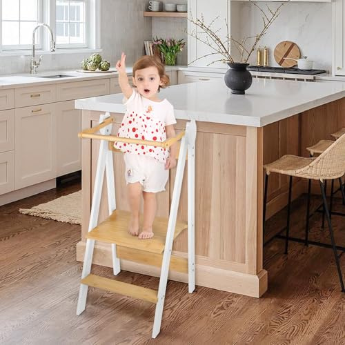 Tour de observación para niños, Tour Montessoriano de aprendizaje plegable, multiusos, madera de abedul natural, plegable, seguridad 88 x 45 x 45 cm, color blanco