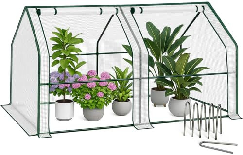 VOUNOT ® Mini Serre de Jardin à Toit Pointu avec 2 fenêtres avec Zip enroulables Bâche PE renforcée 135g/m2 pour semis Plantes Fleurs légumes 180x90x90cm Blanc