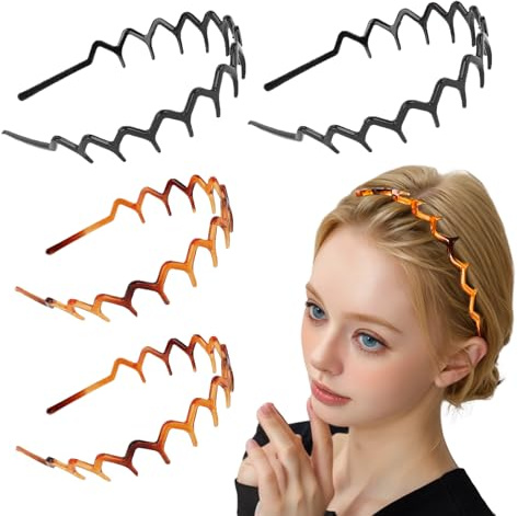 4 Pcs Zig Zag Headband, 90s Zigzag Headbands, Plastic Wavy Hairbands with Shark Teeth Comb Design, Non-Slip Elastic Hair Bands for Women Men Girls, Unisex 90s Hair Accessories (Black, Amber)