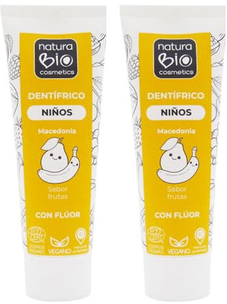 NaturaBIO Cosmetics - PACK PROMO 2 Pastas de Dientes Infantil con Flúor, Sabor Macedonia con Aloe Vera BIO, 75 ml