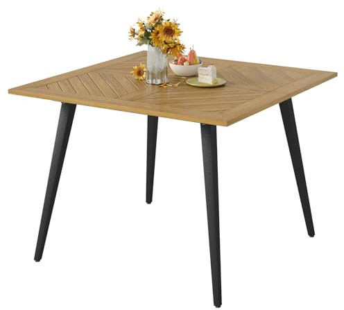 GIANTEX Trädgårdsbord, fyrkantigt matbord av akaciaträ, balkongbord med 5 cm paraplyhål, utomhusbord med metallben, 107 x 107 x 75 cm terrassbord för trädgård, balkong, terrass