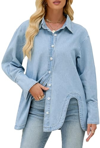 Kedera Women Denim Button Down Shirts Chambray Blouse Top