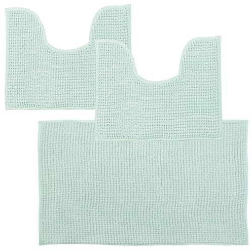 Comart - Tris Tappeti Bagno Shaggy - Set 3 Tappetini Bagno: 1 Rettangolare 45x75 cm + 2 Giro WC 45x38 cm - Super Assorbenti e Morbidi - Antiscivolo - Lavabili in Lavatrice - Texture in 3D - Turchese