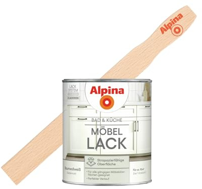 Alpina Bad & Küche Möbel-Lack Seidenmatt 0,75 Liter mit gratis Rührholz – Baumwollweiß – seidenmatter Lack für Bad- & Küchenmöbel – langlebig & feuchtigkeitsbeständig – 0,75 Liter