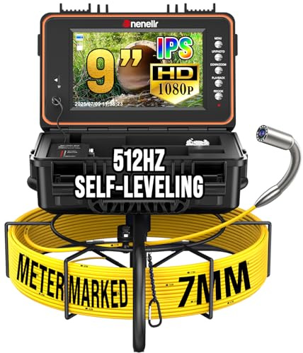 Dnenellr Telecamera Ispezione Tubi, Cavo Spesso 7MM Con Segni Metrici, Con Sonda 512Hz E Funzione Auto-Livellante 1080P, Cavo Schermo IPS HD da 9 Pollici, DVR 32GB, Batteria 5100mAh, IP68 (30M)