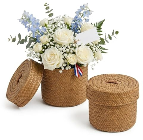 Joinpaya Lot de 2 Mini Paniers en Jonc de Mer avec Couvercle, Boîtes de Rangement Artisanales Tressées, Petits Paniers Cadeaux Naturels pour Mariage et Décoration, Conteneurs de Fleurs et Bijoux, Mar