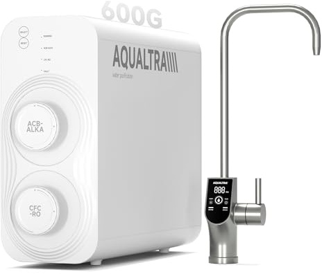 AQUALTRA USF-AR-600 Sistema osmosi inversa sottolavello,impianto osmosi inversa alcalino senza serbatoio 10 stadi, certificato NSF/ANSI/CAN 372, 600GPD, rapporto acqua pura/scarico 3:1, rubinetto LED