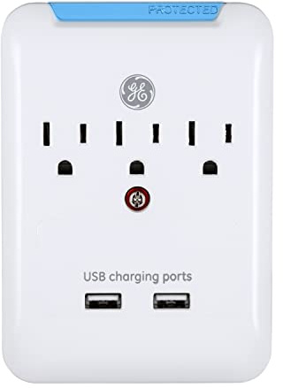 GE Pro 3-Outlet Extender with 2 USB Ports, Surge Protector, Charging Station Wall Tap, Protected Indicator LED, 3-Prong, 540 Joule, 2.4 AMP/10 Watt, UL Listed, White, 33646