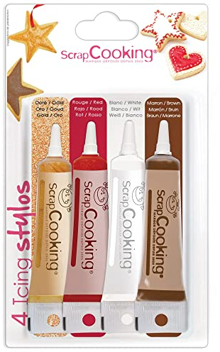 ScrapCooking - 4 Icing Stylos à Pâtisserie : Or, Choco, Blanc & Rouge - Crayons Alimentaires Comestibles Décoratifs Colorants pour Écrire et Dessiner sur Desserts, Gâteaux & Biscuits