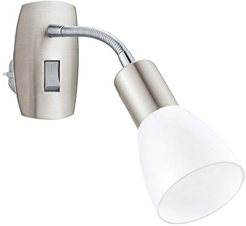 EGLO Steckdosenspot Dakar 3, Steckerleuchte, Steckdosenlampe aus Metall in Nickel-matt, Chrom und Kunststoff in Weiß, Lampe mit Schalter, E14 Fassung