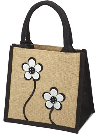 Yellowboots Jute Hessian Lunch Bag - Yellow, Floral Design