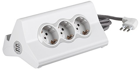 BTicino S3713DBU Ciabatta Multipresa hi-tech con 3 prese standard 10A/16A tipo P30 250 V, (1 presa USB Carica rapida 5 V 2.4 A max e 1 USB 5 V 1.5 A max), Cavo 2 m, Bianco