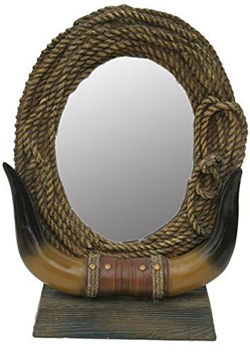Westernranch Spiegel mit Lasso und Longhorn Figur Standspiegel handbemalt aus Polyresin