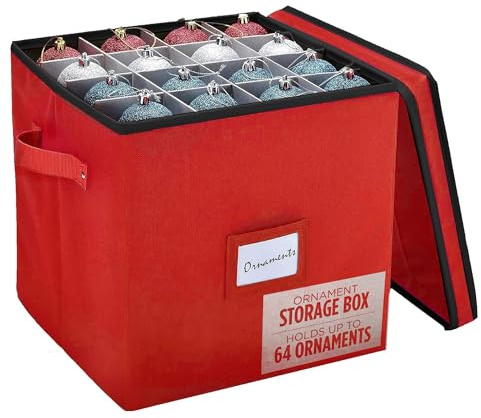 Handy Laundry, Christmas Ornament Storage - Stores up to 64 Holiday Ornaments, Adjustable Dividers, Covered Top, Two Handles. Storage Box Keeps Holiday Decorations Clean & Dry for Next Season. (Red)