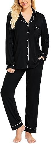 WOMOG Womens Pyjamas Set Long Sleeve Shirt and Pants Button Down Sleepwear Nightwear Soft Pj Sets 2 Pcs Pajama Set Black