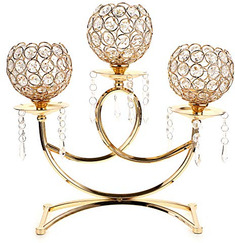 OwnMy 3 Arms Crystal Candle Holders Bowls Tealight Candelabras Candlestick Candle Stand Ornaments for Wedding Dining Table Christmas Party Home Decoration Centerpiece (Golden)