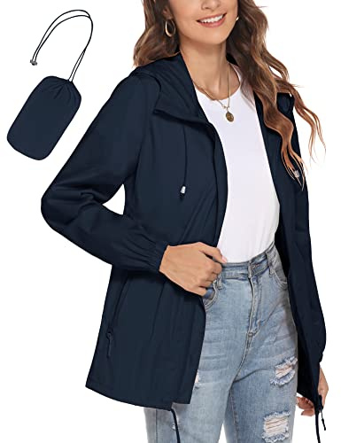 Avoogue Rain Trench Sport Jacket for Women Juniors Teen Girls Short Packable Raincoat Navy Blue M