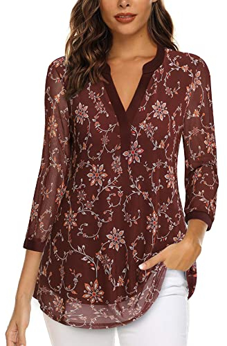 Vafoly Blusen für Damen Elegant Festlich Oberteil 3/4 Ärmel Blusen für Frauen Business Casual Tuniken zu Tragen mit Leggings Arbeit Bürokleidung Frühling Herbst Mode 2022 Dunkelrot Blumen XL